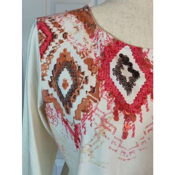 Ruby Road Knit Size Petite Medium Cream with Southwestern Look Design 3/4 Sleeve - Picture 2 of 10